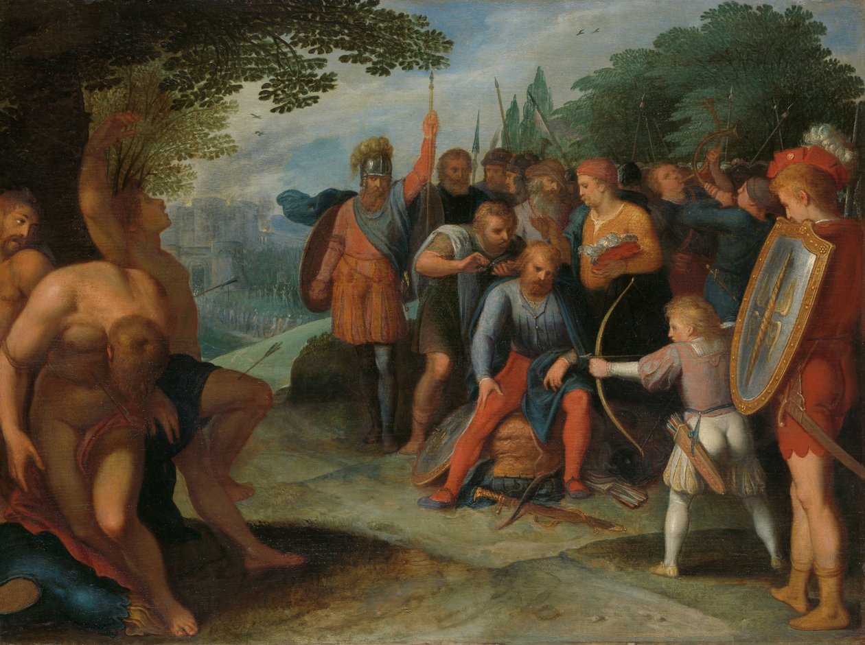 Julius Civilis se nechal ostříhat po pádu Vetera, zatímco jeho syn zabil některé ze zajatců Po pádu Vetera Castra si Claudius Civilis nechá ostříhat vlasy, zatímco jeho syn zastřelí několik vězňů jeden ze série dvanácti o povstání t. zv od Otto van Veen