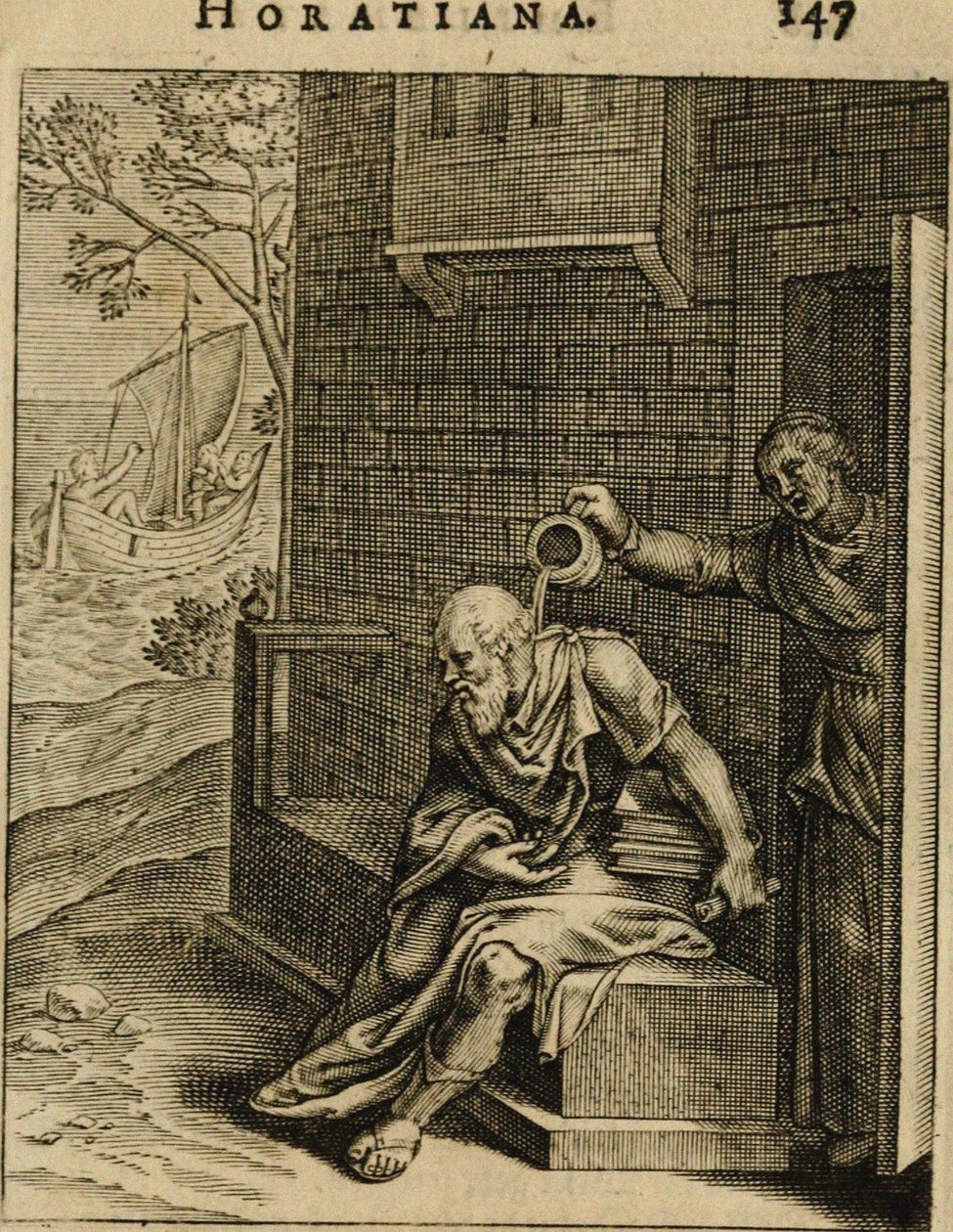 Xanthippe vyprazdňuje komoru nad Sokratem. Z Emblemata Horatiana, 1607 od Otto van Veen