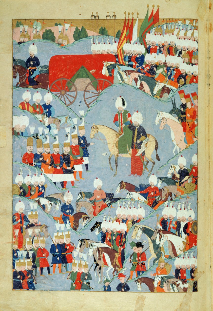 CBL T 413 fol.46a Nemocný sultán podporovaný svým vizirem, z Historie sultána Suleymana Nádherného, 1579 od Ottoman School