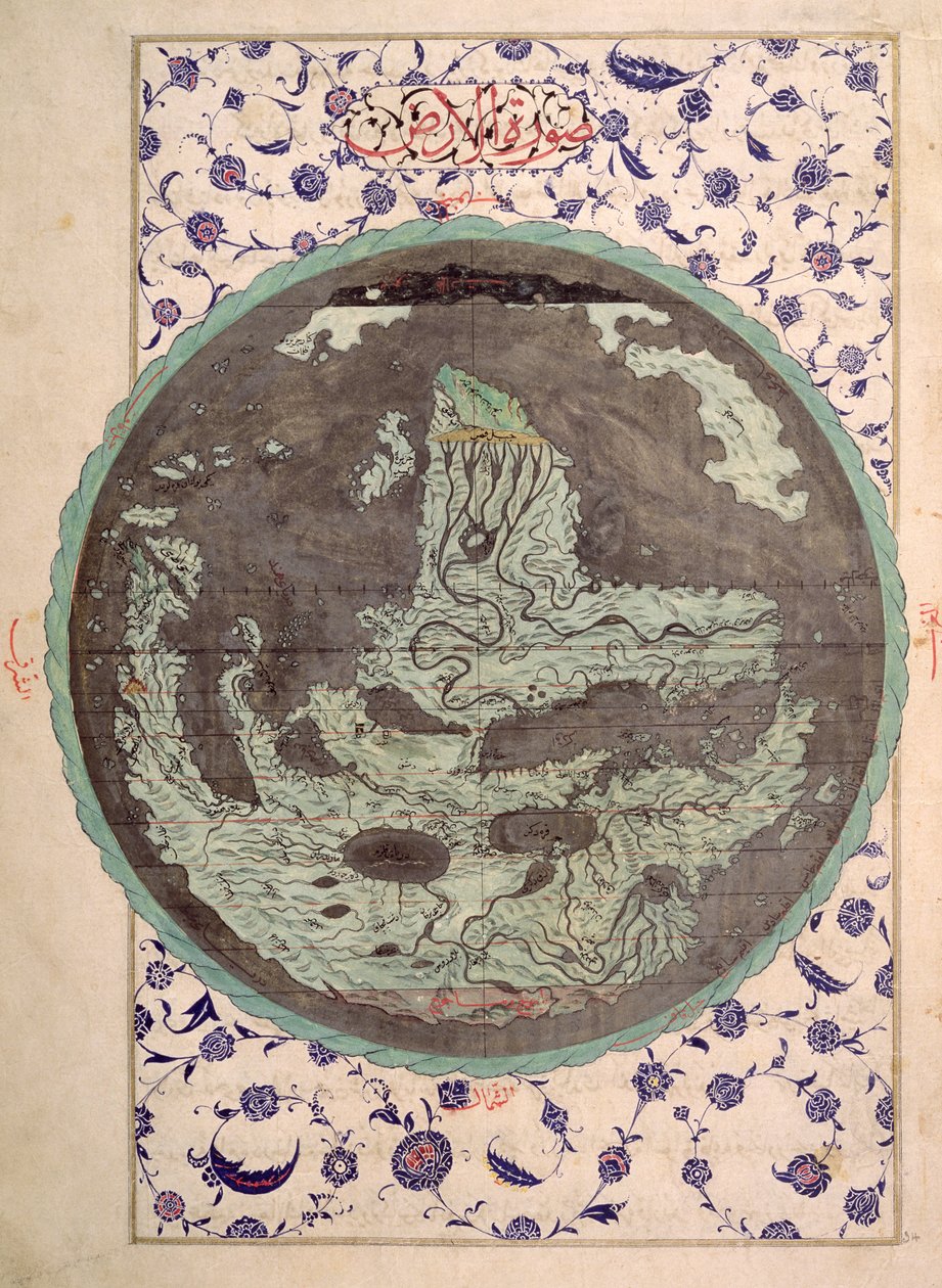 CBL T.414 fol.34a Mapa světa, z kopie Zubdat al-Tawarikh, Krémy dějin, konec 16. století od Ottoman School
