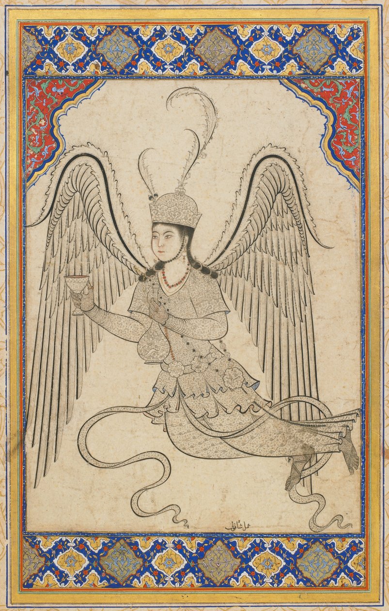Anděl, létající, s pohárem a lahví na víno (inkoust, barva a zlato na papíře) od Ottoman School