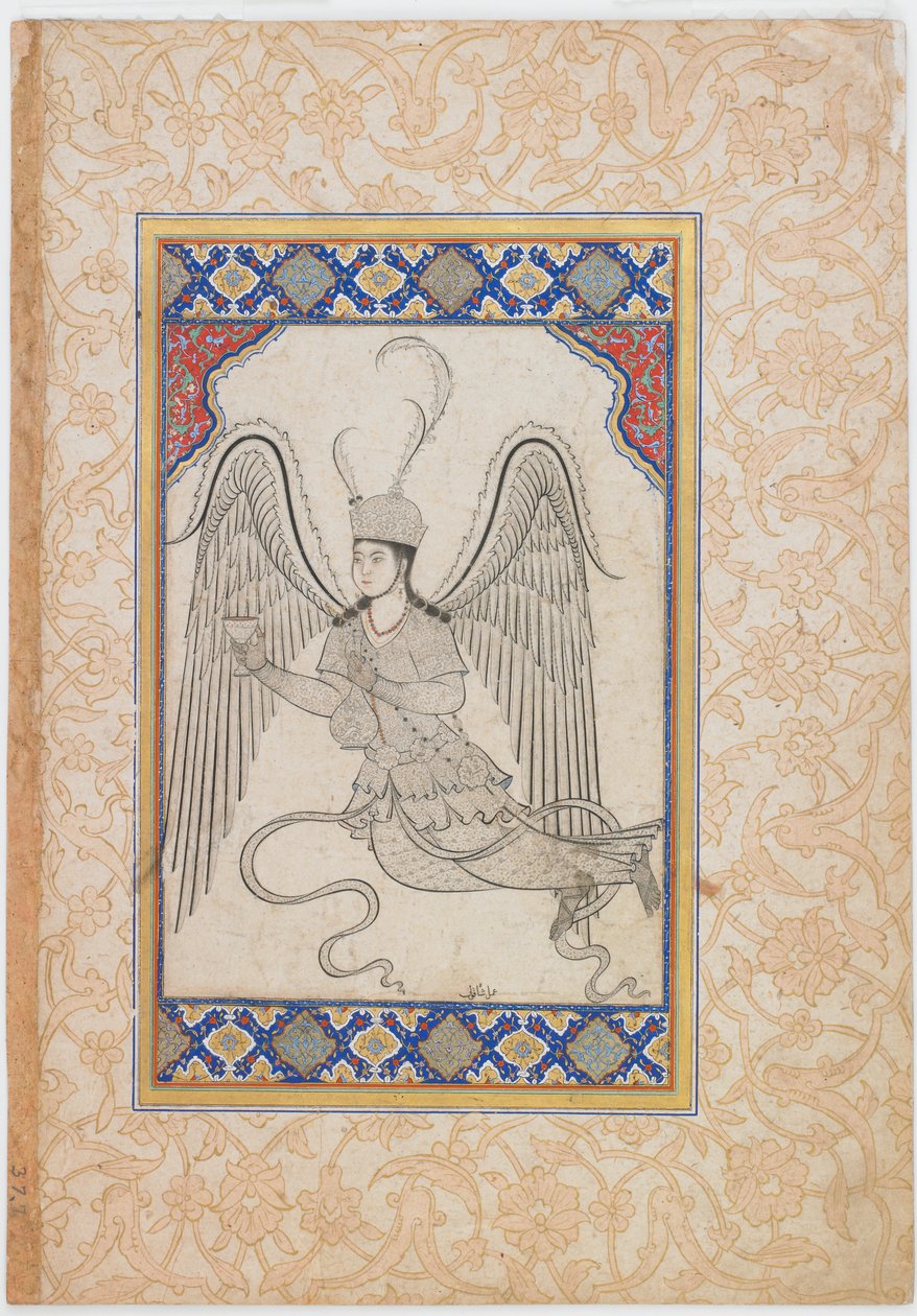 Anděl, létající, s pohárem a lahví na víno (inkoust, barva a zlato na papíře) od Ottoman School
