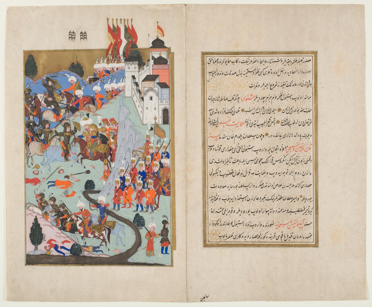 Bayezid I, The Thunderbolt, Pohání křižáky v bitvě u Nicopolis, z Hunernamy (neprůhledné wc a inkoust na papíře) od Ottoman School