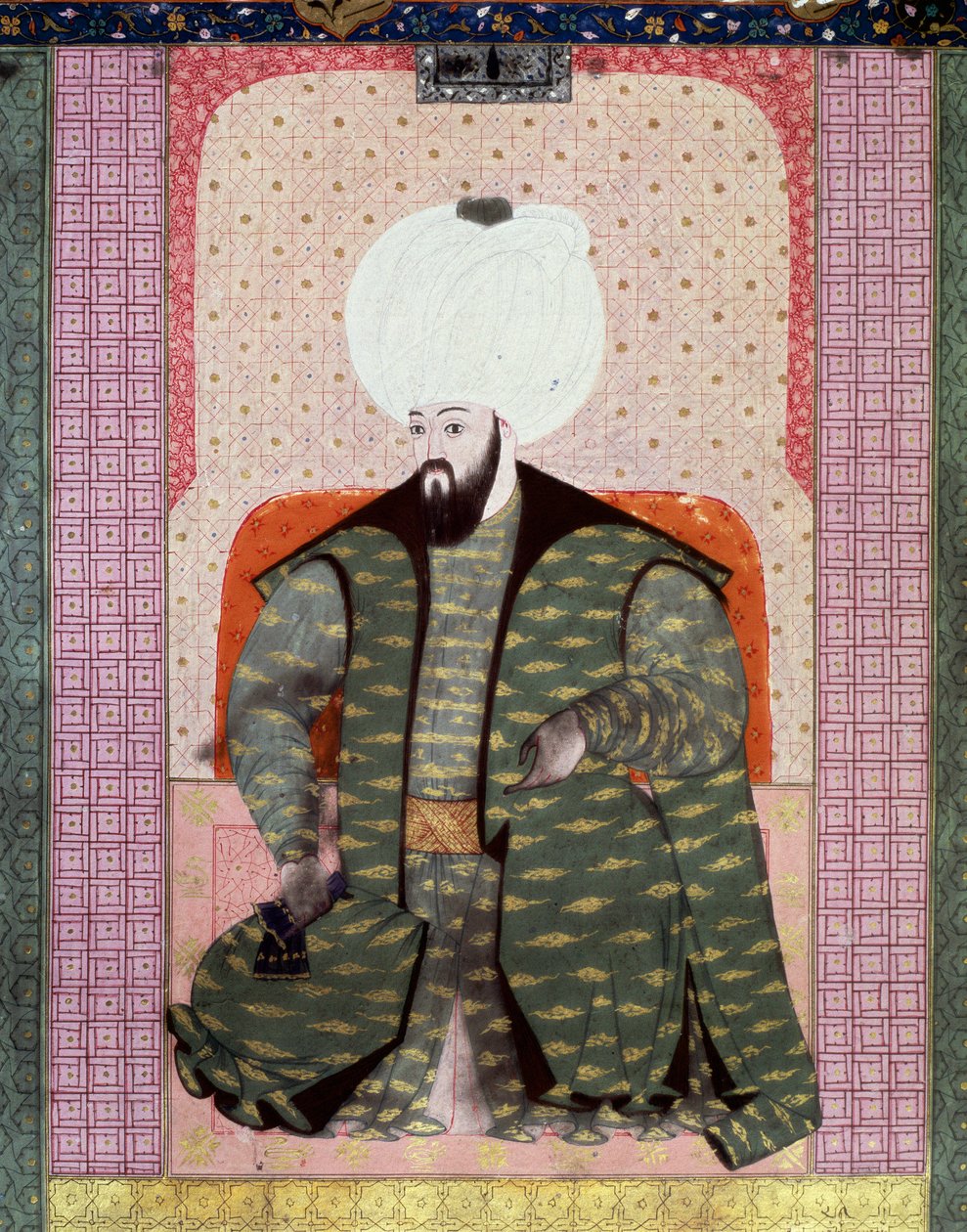 Osmanská říše: “” Portrét osmanského sultána Bajazeda (Bayezid, Bajazet, Bayazid) II Spravedlivý (1447-1512)”” Miniatura z rukopisu (Ms. 1973, folio 62a) “” Zubdat al Tawarikh” (Zubdat al Tawarikh) (Creme of Stories) od historika Seyida Loqida Ashuriho 1 od Ottoman School