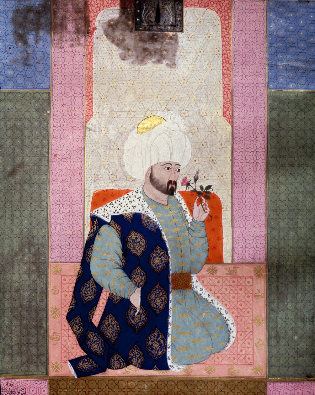 Osmanská říše: “” Portrét osmanského sultána Mehmeta (nebo Mehmeda či Mohameda) Celebiho I. (1389-1421)”” Miniatura z rukopisu (Ms. 1973, folio 62a) “” Zubdat al Tawarikh” (Zubdat al Tawarikh) (Creme příběhů) od historika Seyyida Loqmana Ashuriho 1538. T od Ottoman School