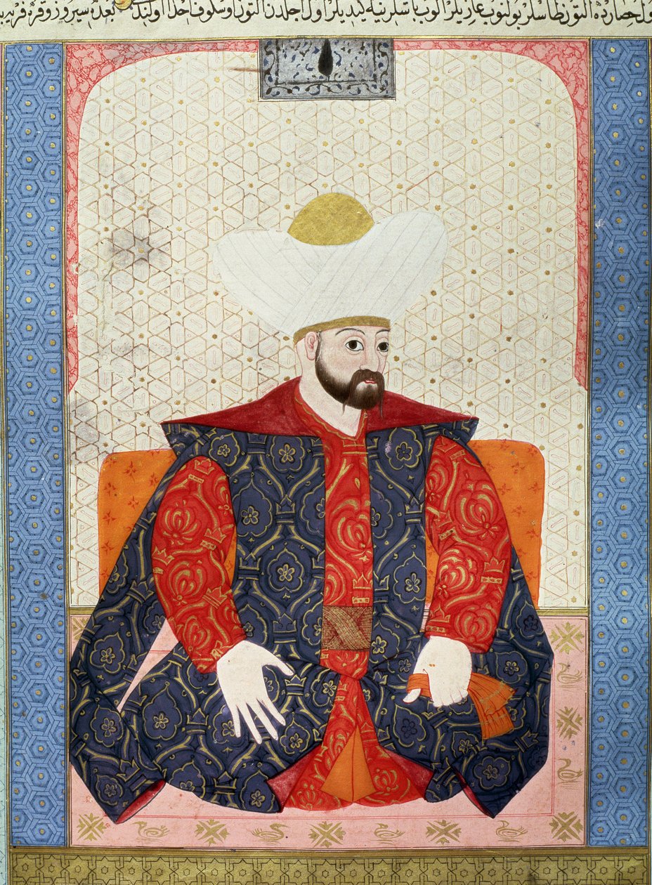 Osmanská říše: “” Portrét osmanského sultána Murada I. (1326-1389)”” Miniatura z rukopisu (Ms. 1973, folio 62a) “” Zubdatat-al-Tawarikh”” (Zubdat al-Tawarikh) (Creme of Stories) historik Seyyid Loqman Ashuri 1538. Muzeum tureckého a islámského umění od Ottoman School