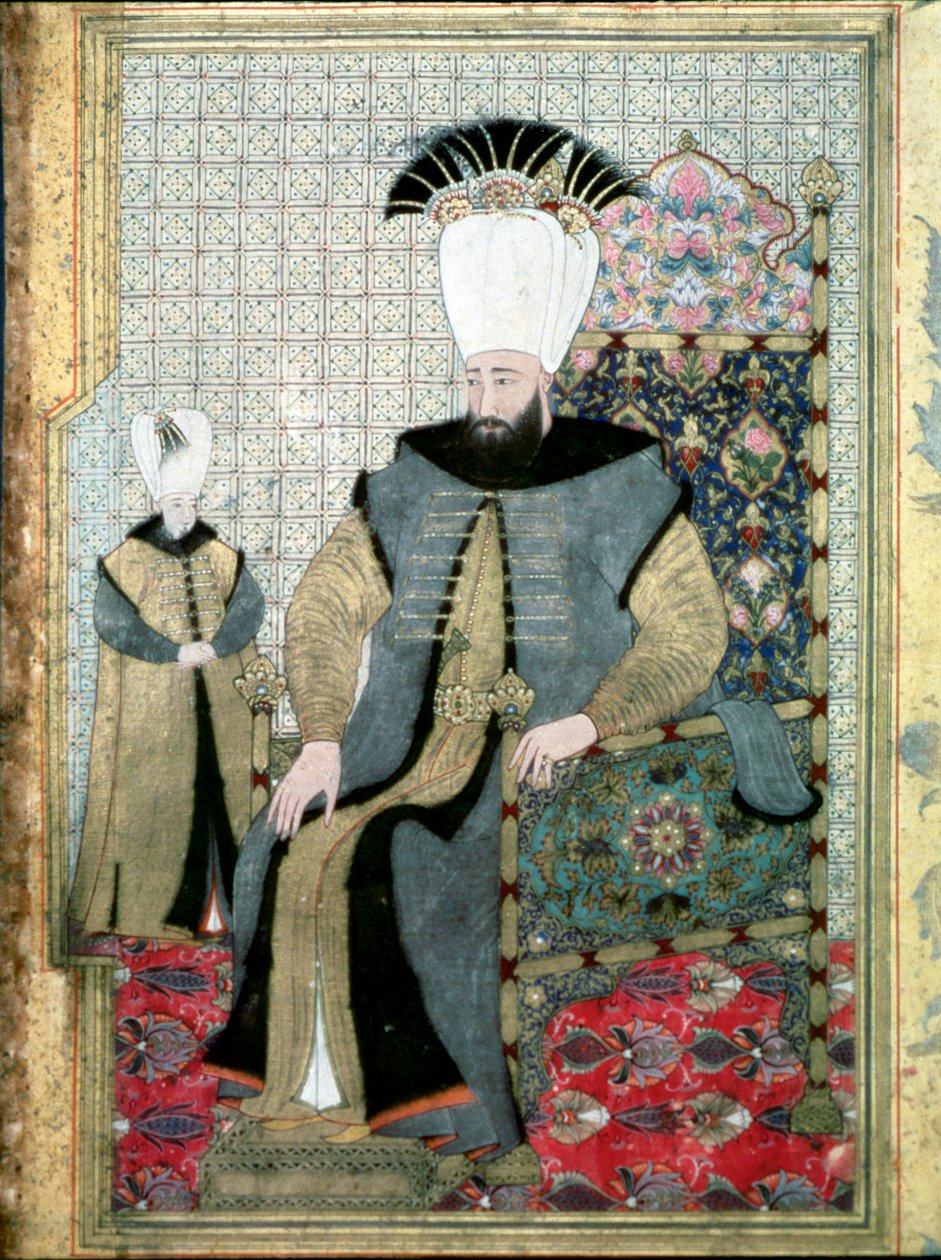 Osmanská říše: Portrét sultána Ahmeta (nebo Ahmeda) III. (1673-1736)““ Je to reprezentativní ukazování prstem může znamenat rozkaz k vyvraždění řádu janičářů. Miniaturní Istanbul, Muzeum Topkapi Sarayi, Turecko od Ottoman School