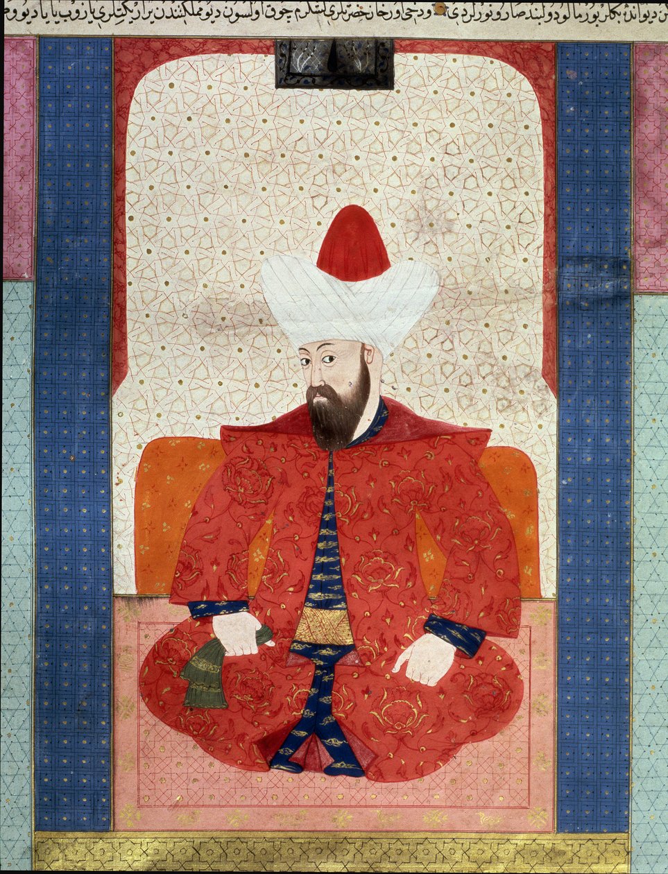 Osmanská říše: “” Portrét sultána Osmanské říše Orhan (Orkhan nebo Urchan) I (1281-1360)”” Miniatura z “” Zubdat al Tawarikh”” (Ms. 1973, fol. 59b) od Seyyyda Lokmana Ashuriho 1583 Istanbul, turecko-islámské muzeum umění od Ottoman School