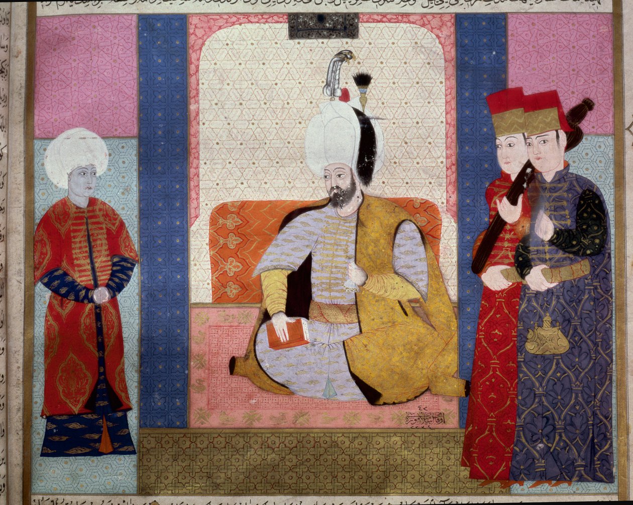 Osmanská říše: „“ Sultán Murad III. (1546–1595) obklopuje dvořany“““ Miniatura ze „Zubdat al Tawarikh““ (Ms. 1973, fol. 59b) od Seyyda Lokmana Ashuriho 1583 Istanbul, Muzeum turecko-islámského umění od Ottoman School