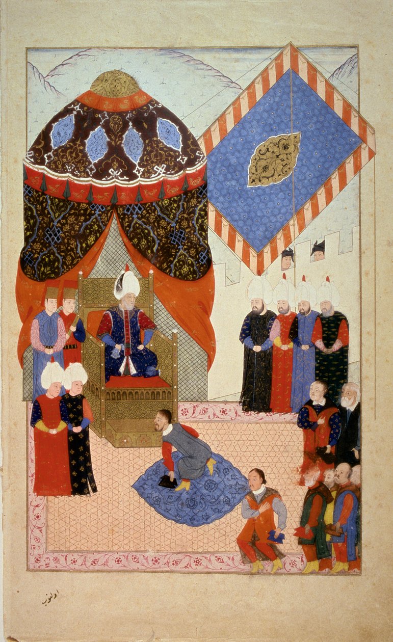 Osmanská říše: Sultan Soliman (Suleyman) Řekl jsem, že velkolepý (1520-1566) obklopuje kurtizány““ Miniatura převzatá z „“ Nuzhet el-Esrar el-Ahbar der Sefer-i Sigetvar““ (Nuzhet el Estrar el Ahbar der Sefer i Sigetvar ) (Kroniky tažení Szi od Ottoman School