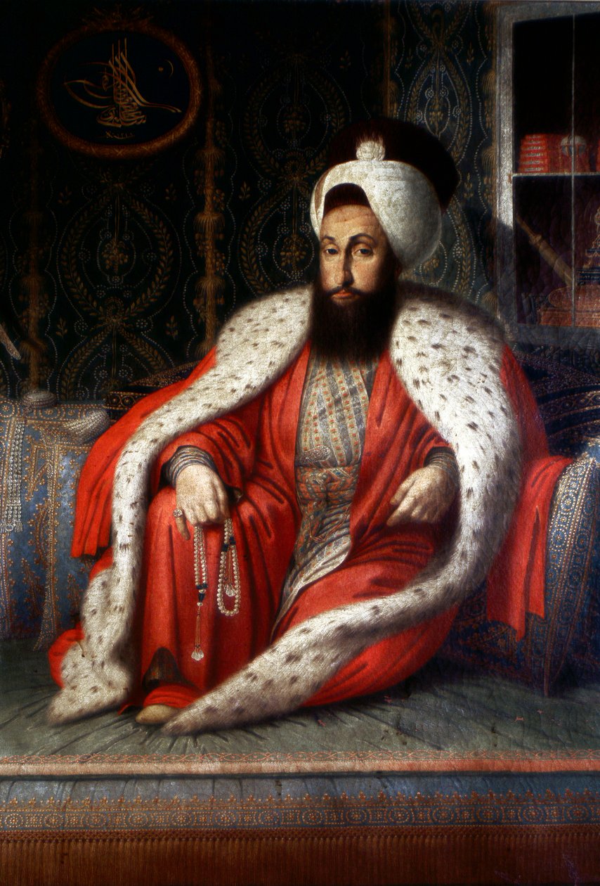 Osmanská říše: „Sultant Selim III v publiku“. 1803. Olej na plátně Konstantina Kapidagliho. Istanbulská knihovna Topkapi Sarayi od Ottoman School