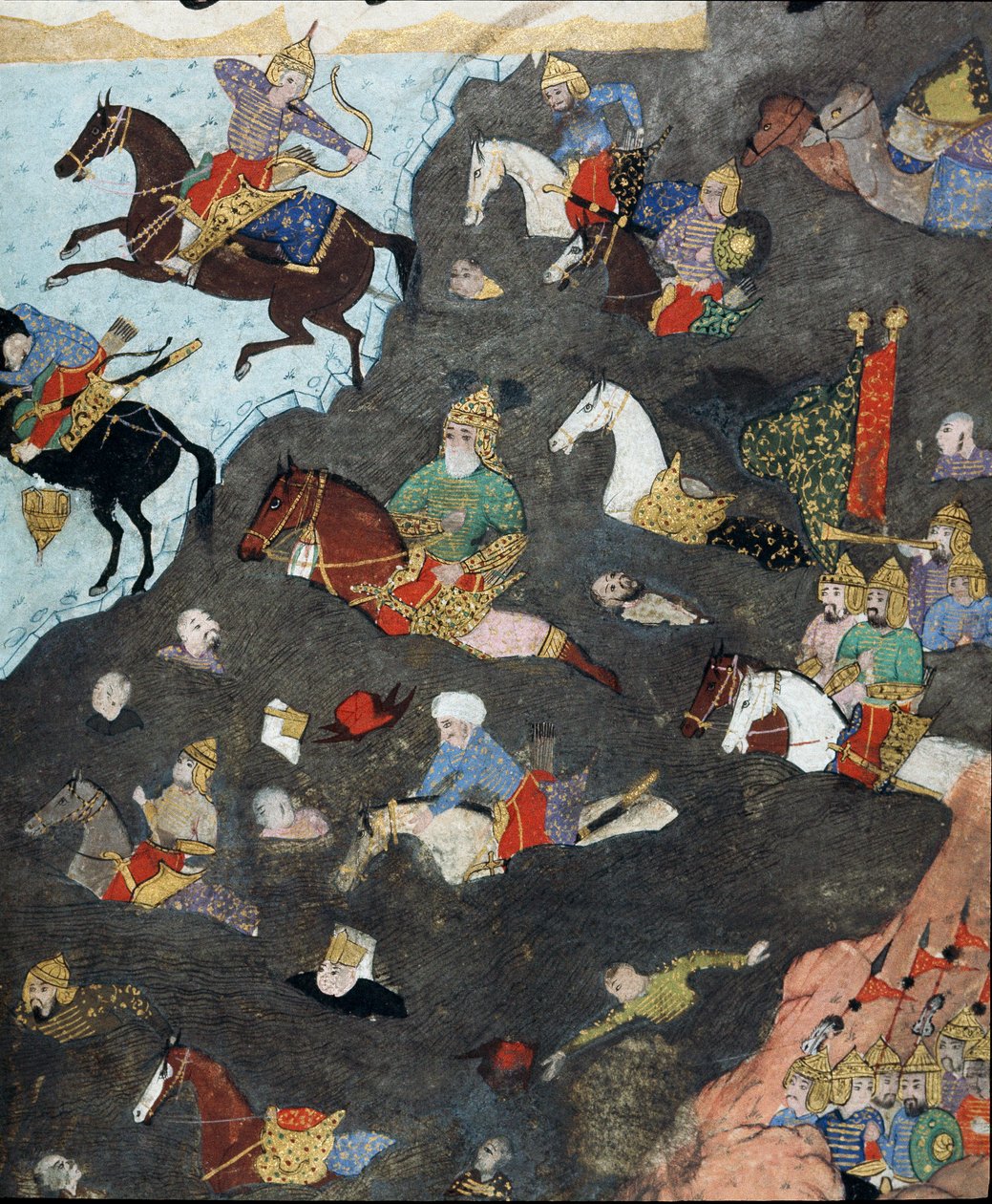 Osmanská říše: „“ Armáda sultána Murada III. (1546-1595) překračuje řeku naráz“““ Miniatura 16. století. Istanbul, knihovna muzea Topkapi Sarayi od Ottoman School