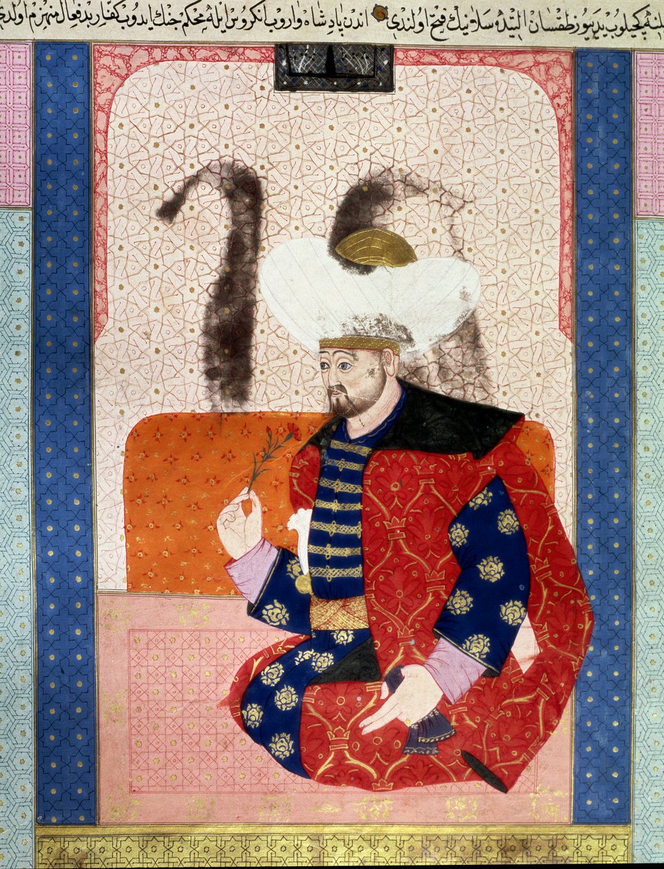 Osmanská říše: portrét Bajazida I. (Bajazet I) (kolem 1354-1403) známý jako Yildirim (Blesk)““ Miniatura z rukopisu (Paní 1973, folio 62a) „“ Zubdatat-al-Tawarikh“ (Zubdat al-Tawarikh ) (Creme of Stories) od historika Seyyida Loqmana Ashuriho 1538. od Ottoman School