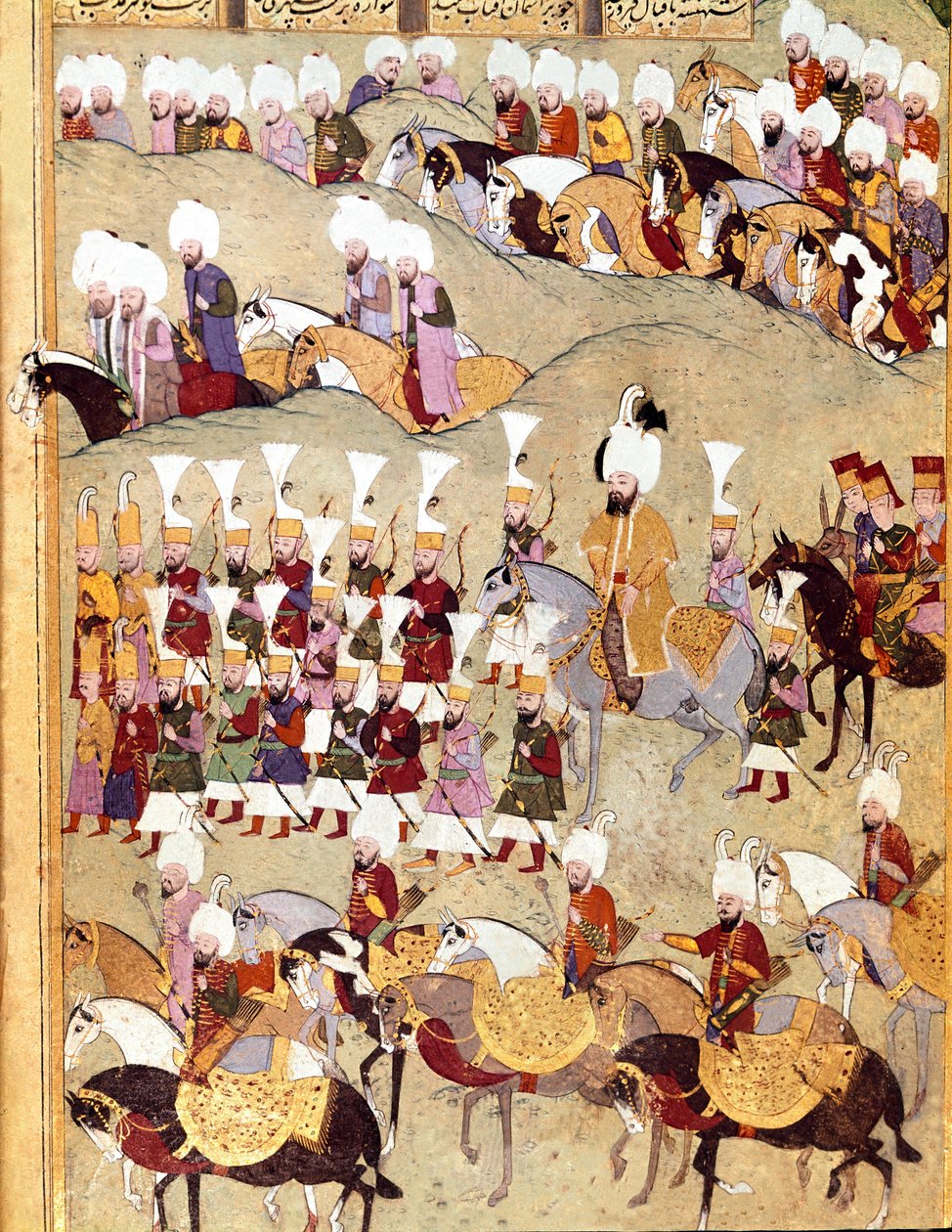 Osmanská říše: “” reprezentace osmanského sultána Murada II (Murat) (1404-1451) a jeho Armee během invaze do Persie””” Miniatura rukopisu ms. FY 1404 „“ Sehinsahname““ (nebo Shahinshah-nameh nebo Shahinshah-nameh, Shahinshah nama, Shahinshah nameh) od Ottoman School