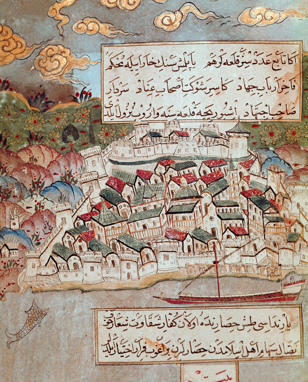 Osmanská říše: reprezentace opevněného města na břehu Dunaje dobyté Solimanem (Suleymanem) Řekl jsem velkolepé (1520-1566) při jeho tažení na Budapešť a Vídeň (1526-1529). Miniatura ze 16. století. Topkapi Sarayi Istanbul od Ottoman School