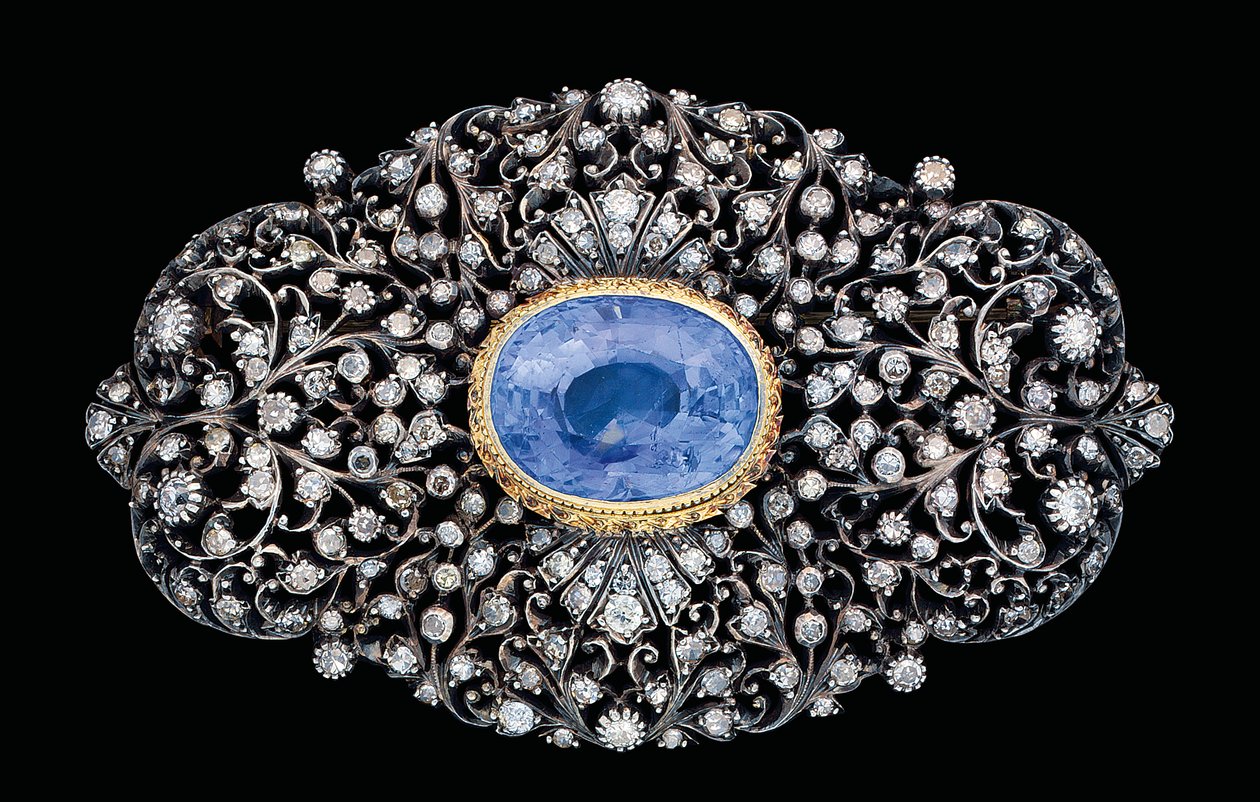 Osmanská brož s diamantem a safírem (safír a diamanty zasazené do zlata a stříbra) od Ottoman School