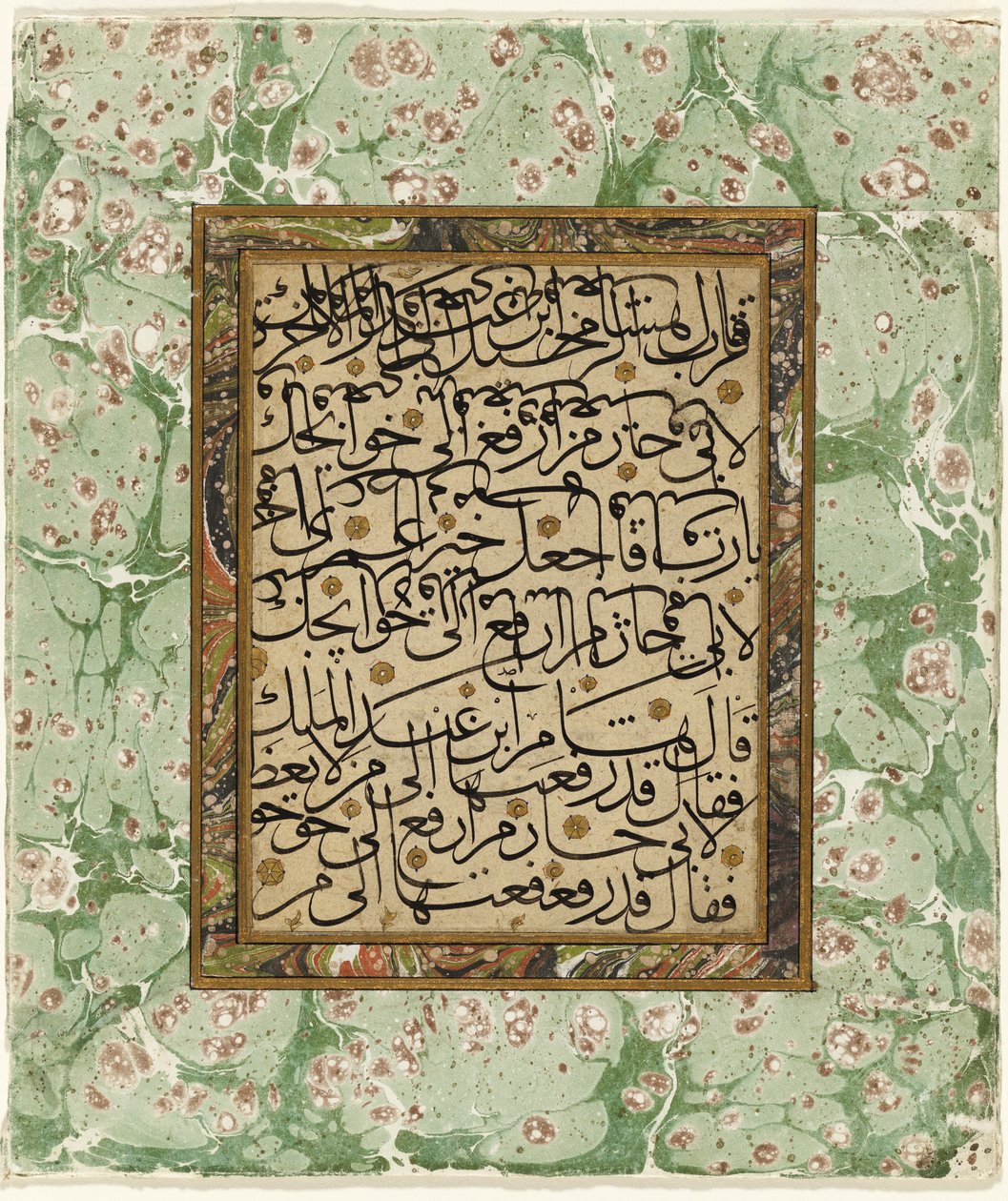 Stránka kaligrafie (inkoust a zlato na papíře s mramorovaným okrajem) od Ottoman School