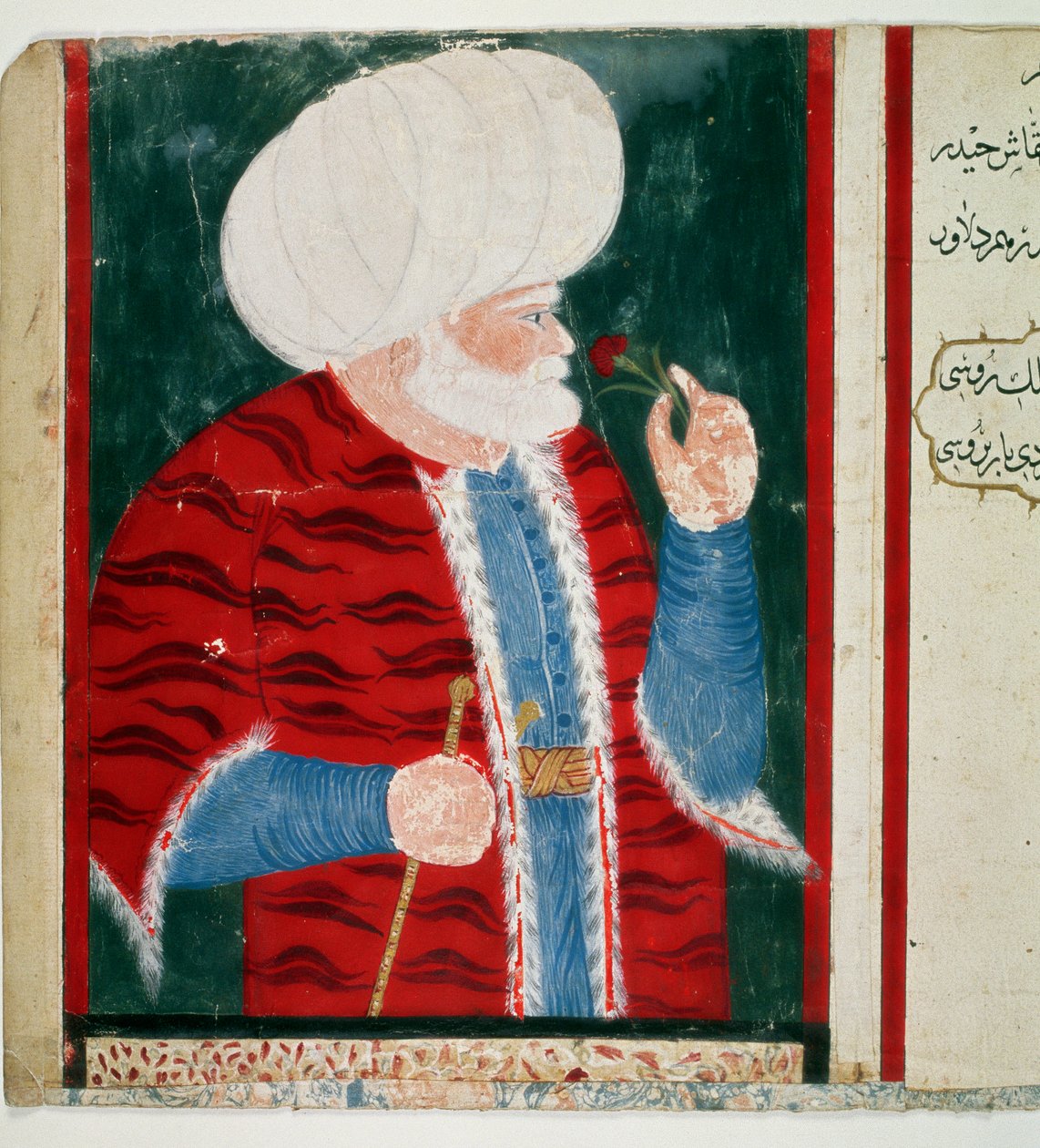 Portrét Barberose (Khizir Khayr ad-din (Barbaros Hozor Hayreddin Pasha nebo Pasa nebo Chair ad Din, Chaireddin nebo Cheireddin) (1466-1546) velkoadmirál Osmanské říše po kariéře pirátské miniatury z rukopisu paní H. 2134 od Ottoman School