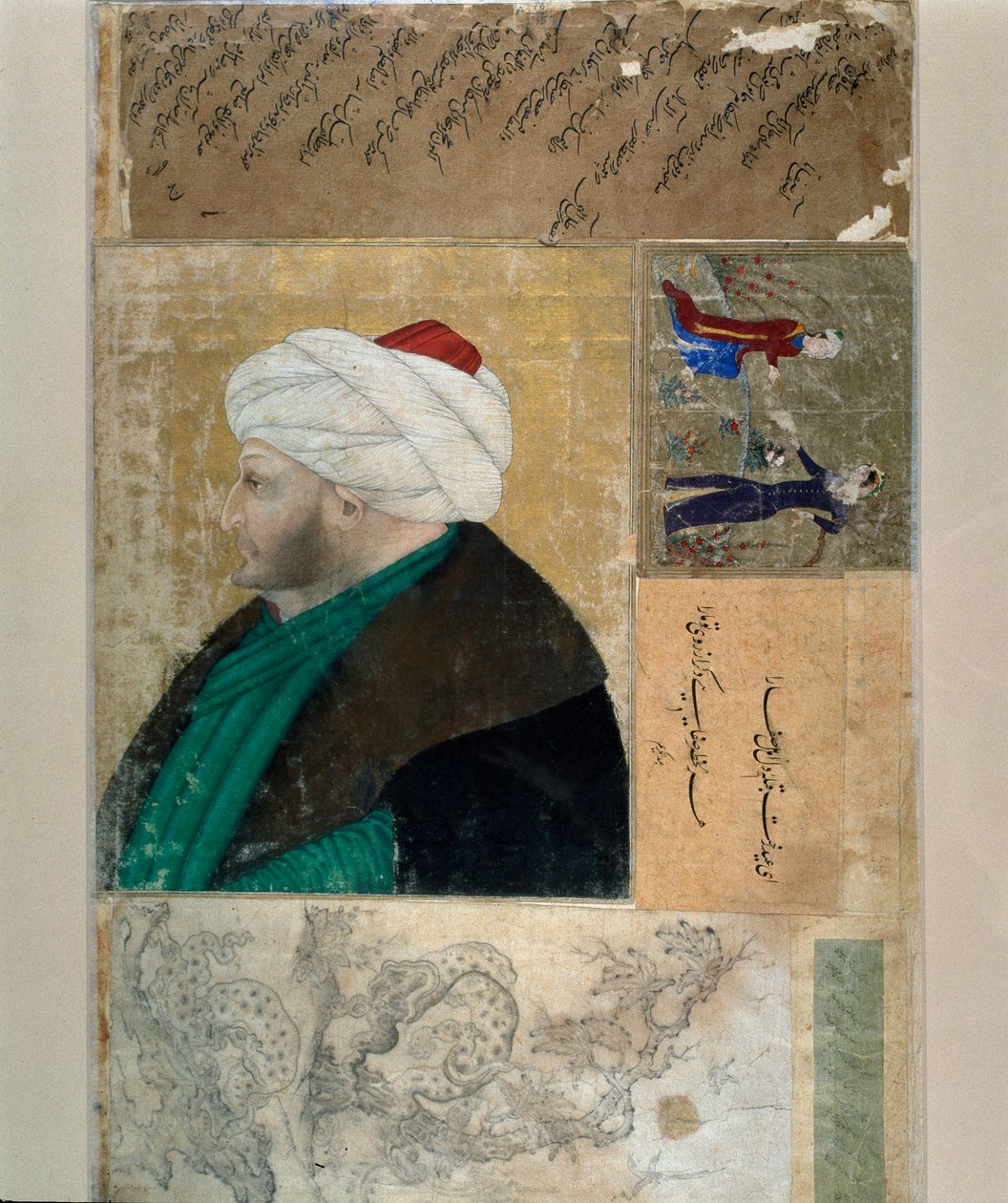 Portrét sultána Osmanské říše Mehet II (Mehmet II Dobyvatel nebo Mehmed II Fatih) (1430-1481) Turecká miniatura z rukopisu Ms. H. 2153, folio 145b. Konec 15. století. Istanbul, Biblioteca Topkapi Sarayi od Ottoman School