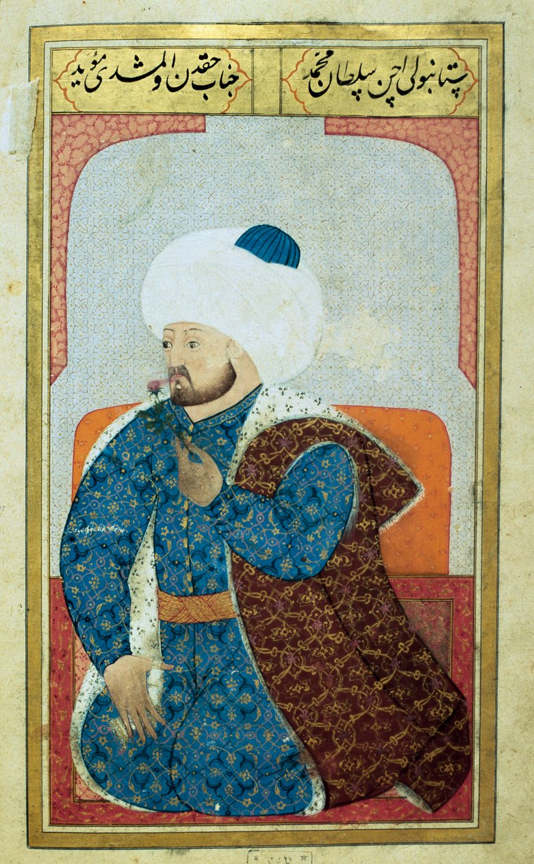 Portrét sultána Osmanské říše Mehet II (Mehmet II Dobyvatel nebo Mehmed II Fatih) (1430-1481) Miniatura z rukopisu „“ Lidská fyziognomie (O osobních dispozicích Osmanů) od Seyyida Lokmana Husseina. (folio paní ty6087 od Ottoman School