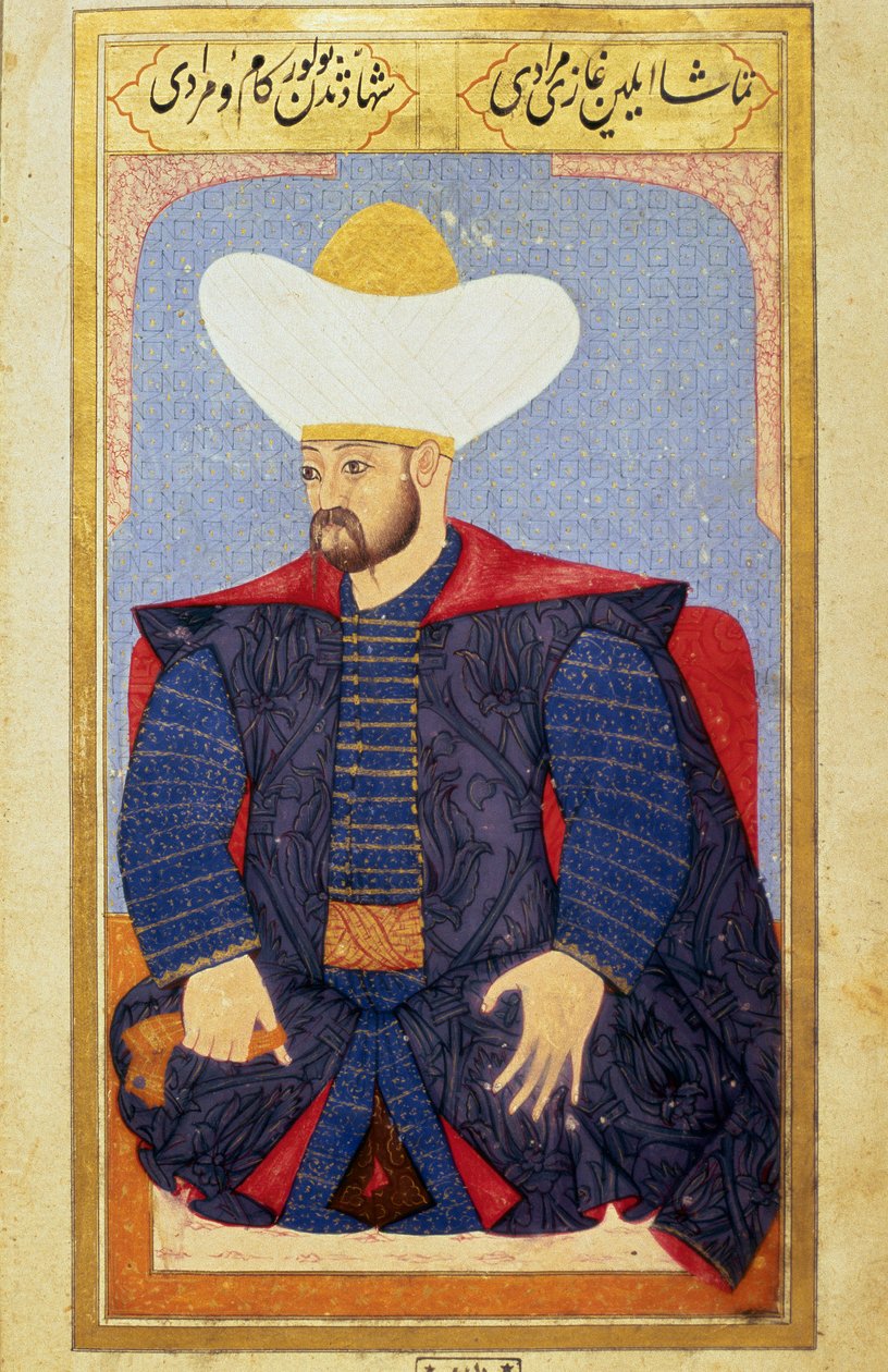 Portrét sultána Osmanské říše Murada I. (1326-1389) Miniatura z rukopisu „“ Lidská fyziognomie (O osobních opatřeních Osmanů) od Seyyida Lokmana Husseina. (Paní ty6087 folio 27b) od Ottoman School