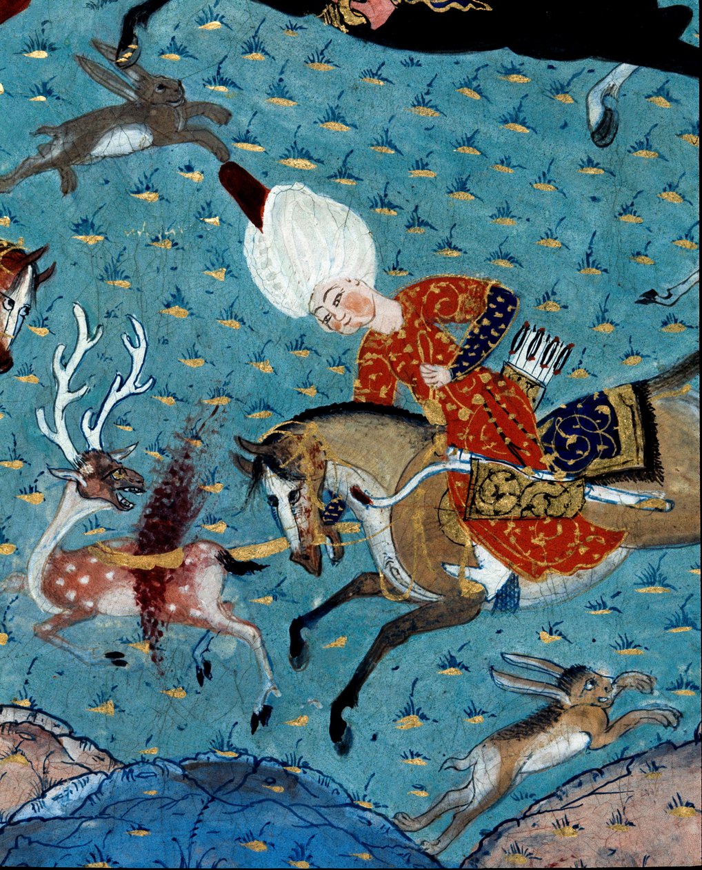 Zastoupení dvořanů sultána Murada II (Murat) (1404-1451) loví jeleny a zajíce Detail. Miniatura ze 17. století. Istanbul, knihovna muzea Topkapi Sarayi od Ottoman School