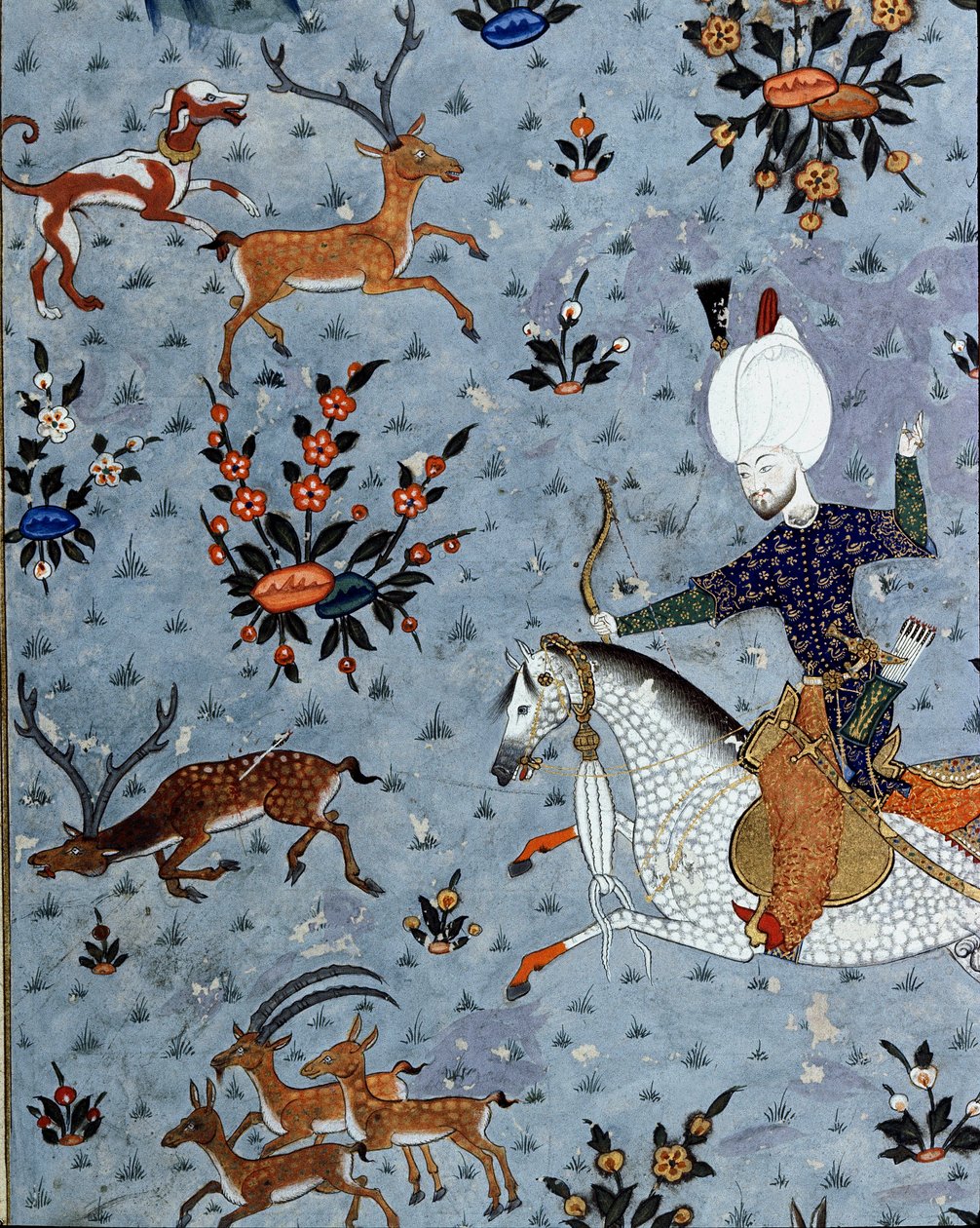 Zastoupení dvořanů sultána Murada II (Murat) (1404-1451) při lovu jelenů Detail. Miniatura ze 17. století. Istanbul, knihovna muzea Topkapi Sarayi od Ottoman School