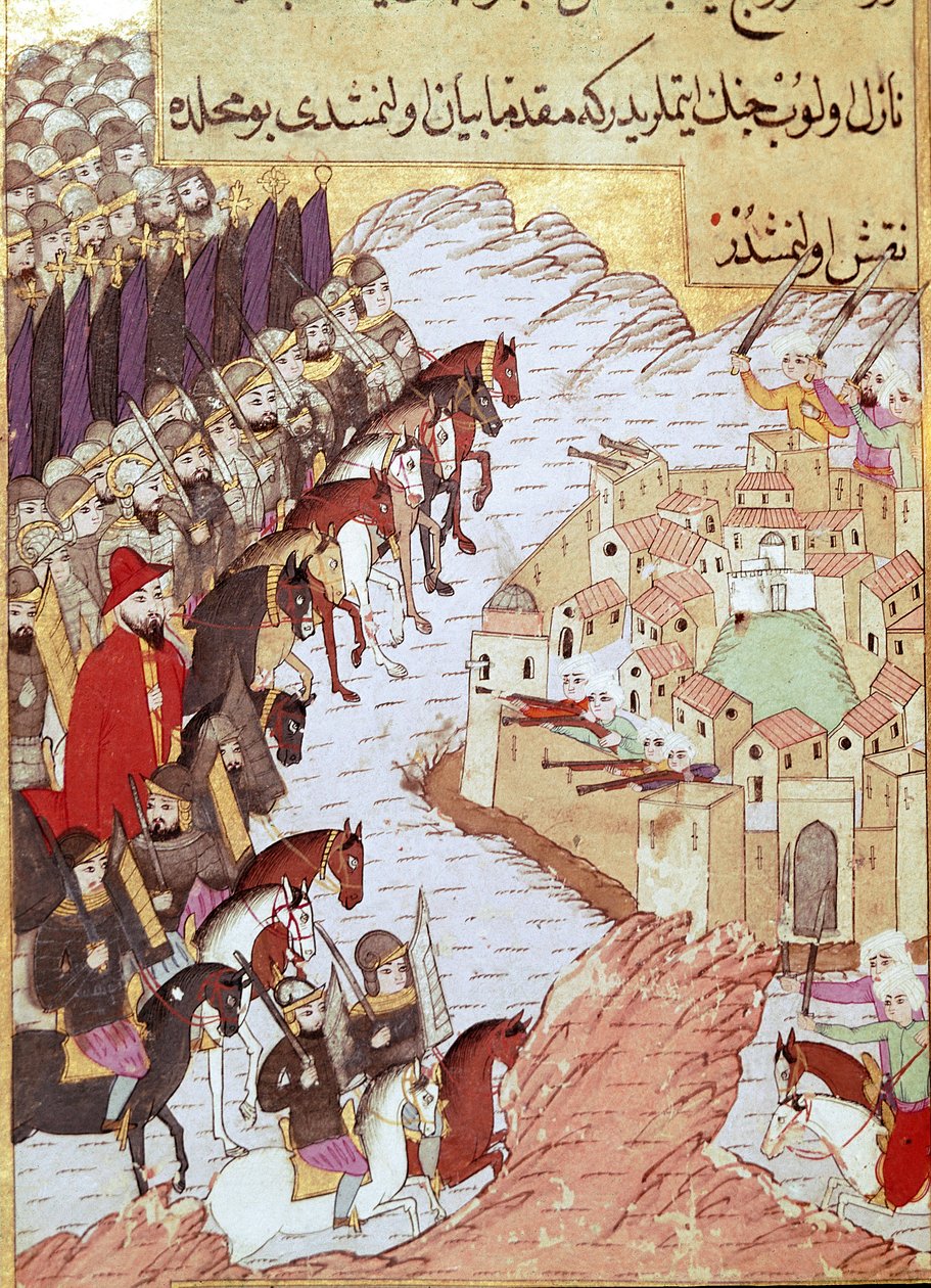 Druhá křížová výprava (1147-1149): Křížové výpravy před městem Aleppo v Sýrii. Miniatura ze 16. století. Topkapi Sarayi Istanbul od Ottoman School