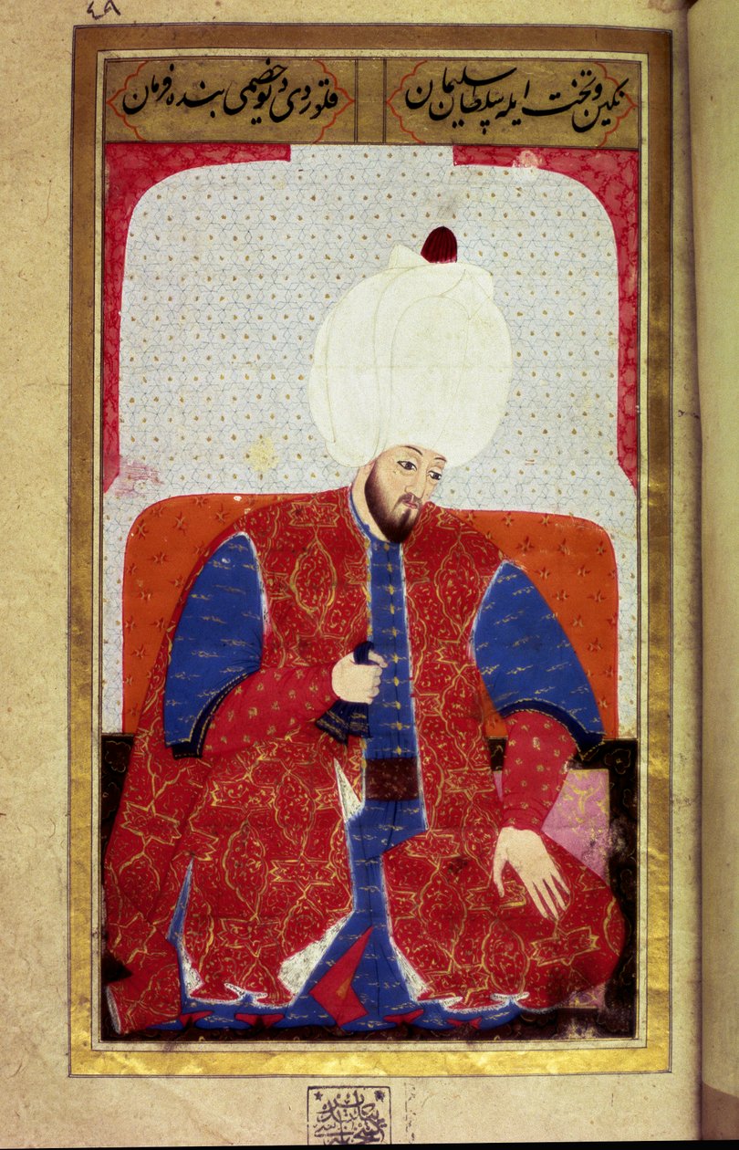 Soliman (Suleyman) I. velkolepý (1494-1566), sultánská osmanská miniatura z rukopisu „“ Human Physiognomy (O osobních ujednáních Osmanů) od Seyyida Lokmana Husseina. (Paní ty6087 folio 27b) od Ottoman School