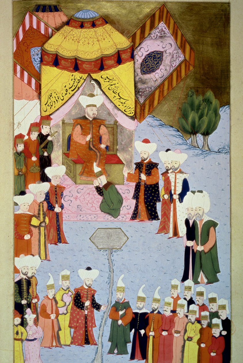 Sultan Bayezid (nebo Bajazet) I. (1360-cca 1402) má svůj miniaturní dvůr z „Hunername“ z Lokman, sv. 1 (H 1523, f.7) 1584 Topkapi Sarayi Museum Library Istanbul od Ottoman School
