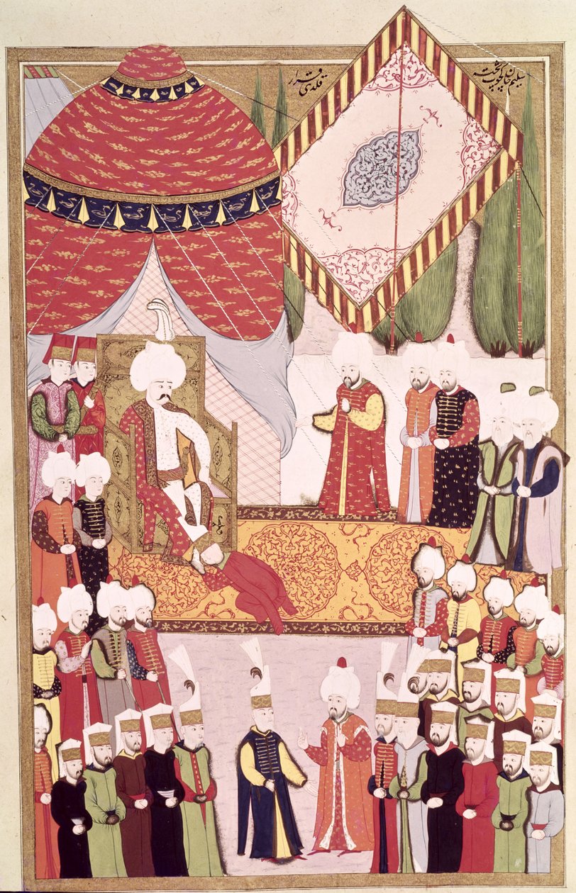 Korunovace sultána Selima I. (1466-1520) z „Hunername“ od Lokmana (kvaš na papíře) od Ottoman School
