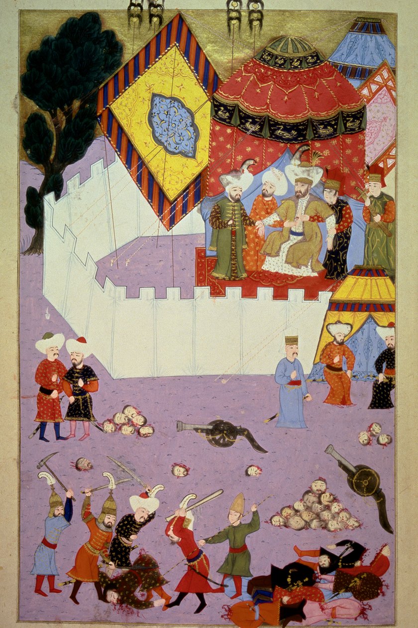 Zavraždění sultána Murada I. (1326-1389) srbským rytířem Milošem Obilićem (Kobilič nebo Kobilovič) (zemřel 1389) v bitvě o Kosovo po vítězství Osmanů nad Srbskou miniaturou z Lokmanova „Hunername“, sv. 1 (H 1523, f.7) 1584 To od Ottoman School