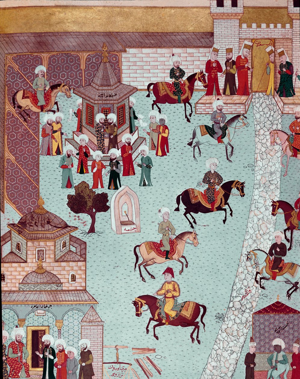 Pohled na kostel sv. Ireny (Saint Irene), bránu Serail a palác sultánů v Konstantinopoli Miniatura ze 17. století. Topkapi Sarayi Istanbul od Ottoman School