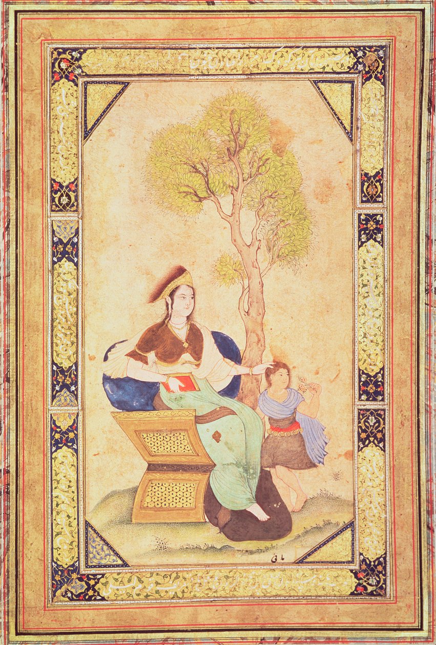 Žena sedící s mladou dívkou v zahradě, z alba kaligrafie a miniatury (miniaturní) od Ottoman School