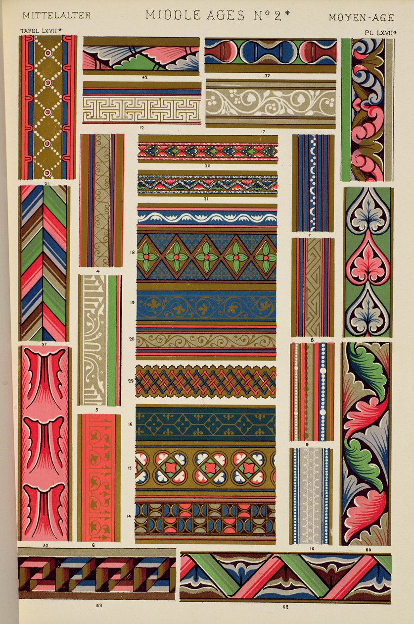 Sbírka rámečků z iluminovaných rukopisů z 9.-14. století, kapitola XVI, deska LXVII, z "Gramatiky ornamentu" 1868 od Owen Jones