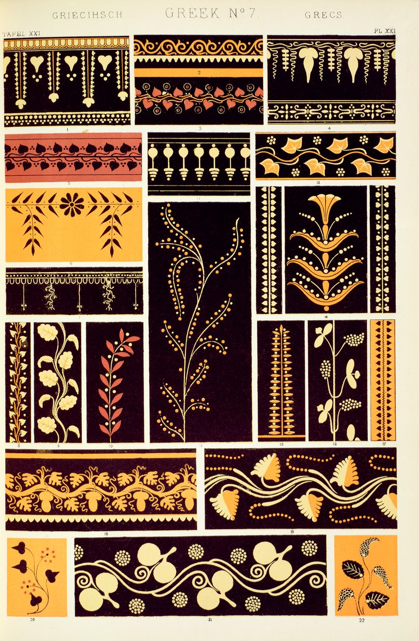 Ornamenty z řeckých a etruských váz v Britském muzeu a Louvru z kapitoly IV, desky XXI knihy "Gramatika ornamentu", 1868. od Owen Jones