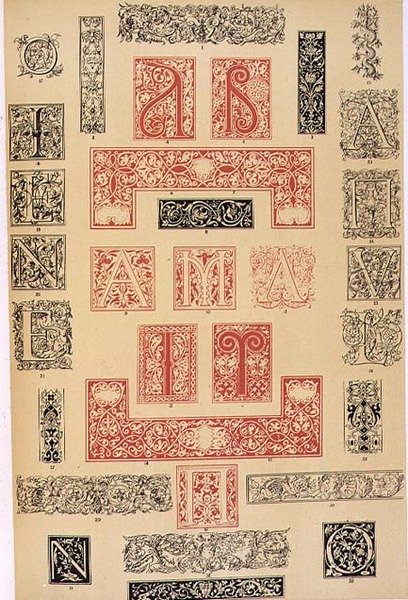 Vzory typografických dekorací z Itálie a Francie 16. století, vydal Aldine, Giunta a Stephan, kapitola XIX, deska XC, z 
