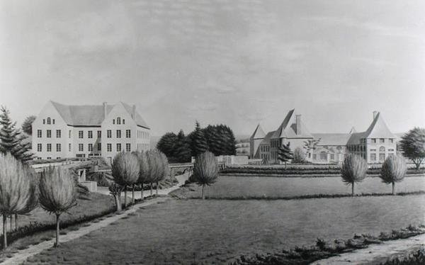 Pohled na dva mlýny Angecourt, založené v roce 1812 baronem Neuflize (wc na papíře) od P. Dujardin