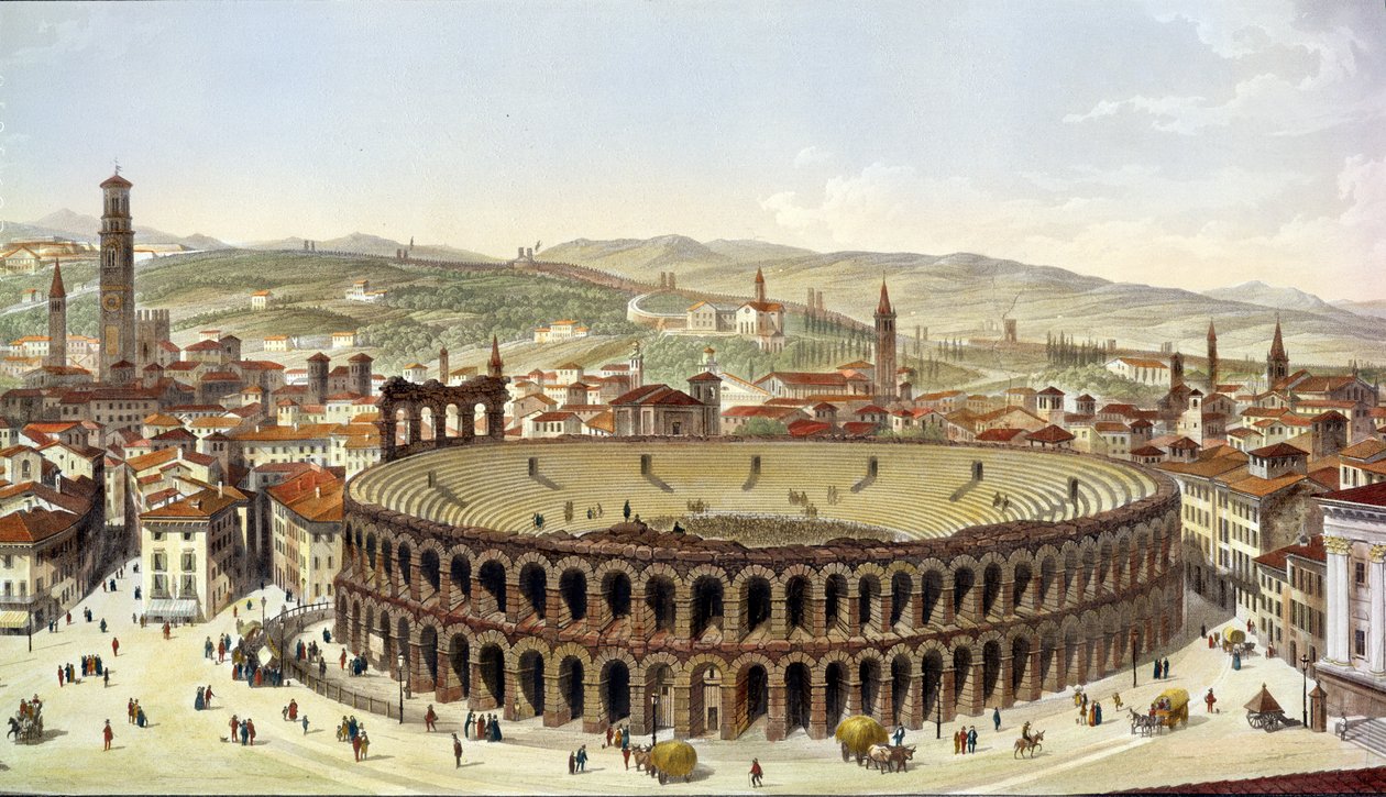 Pohled na římský amfiteátr ve Veroně, rytina L. Cherbuina (barevná rytina) (detail fo 130087) od P. Majocchi