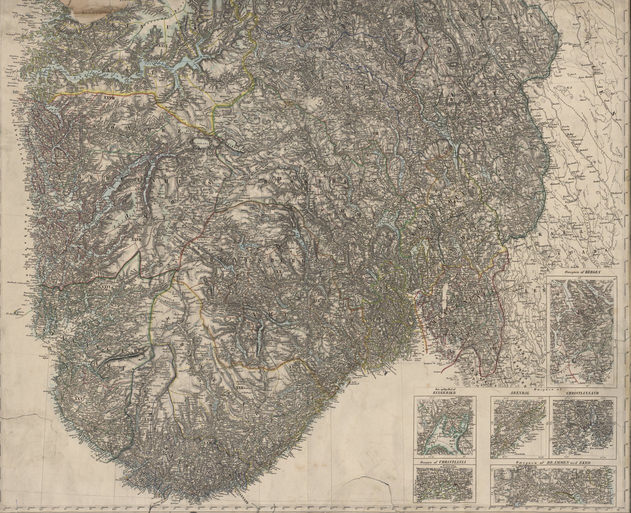 Mapa byla zveřejněna v Oslu (1845) a ukazuje jižní Norsko od P.A. Munch