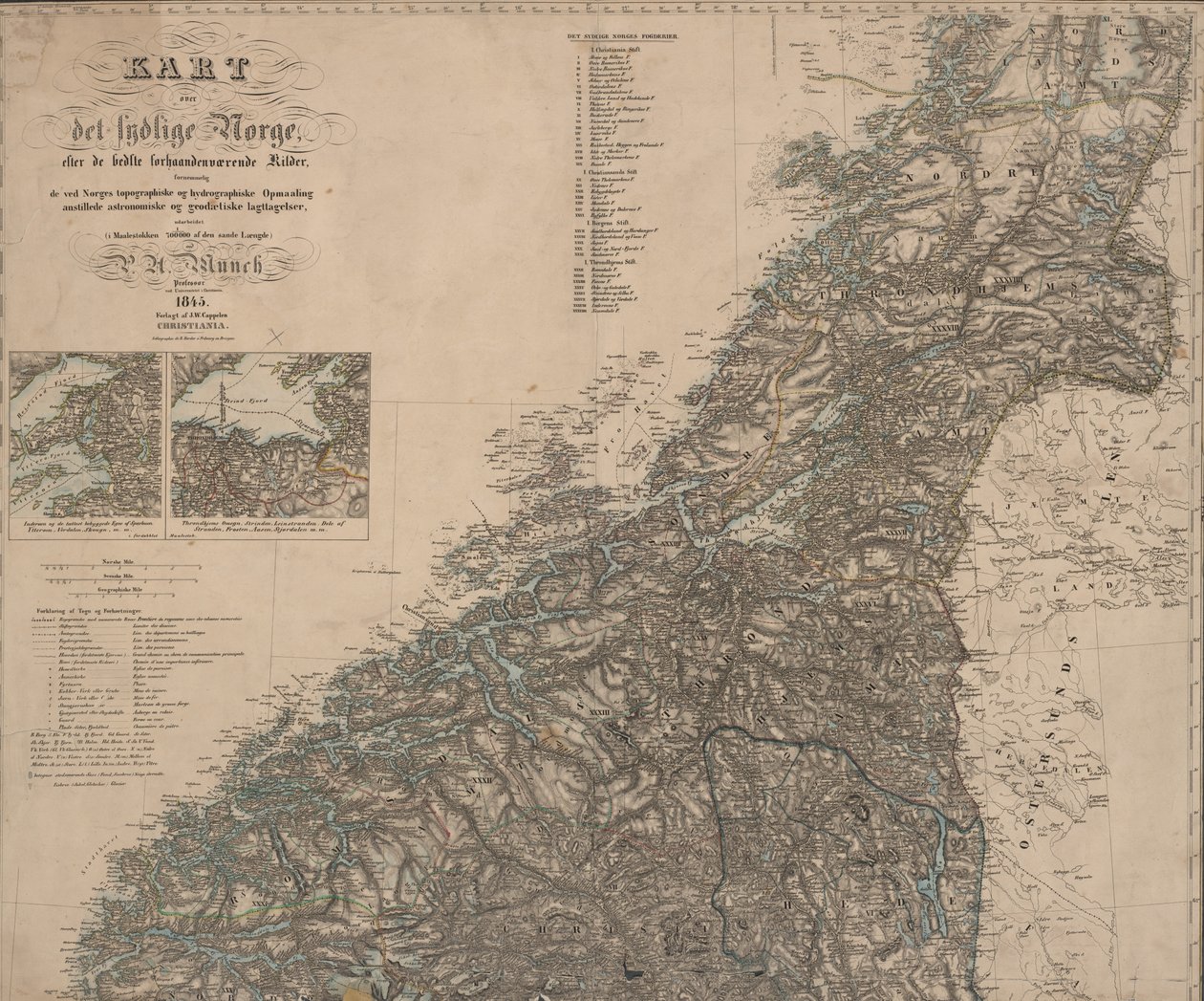 Mapa byla zveřejněna v Oslu (1845) a ukazuje jižní Norsko od P.A. Munch