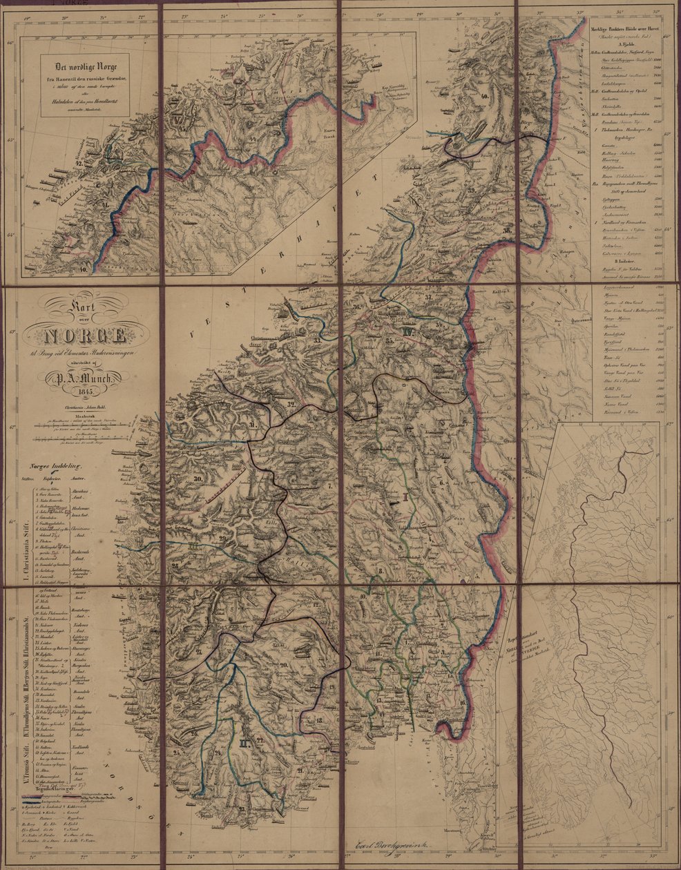Mapa byla zveřejněna v Christianii (1845) a ukazuje Norsko od P.A. Munch
