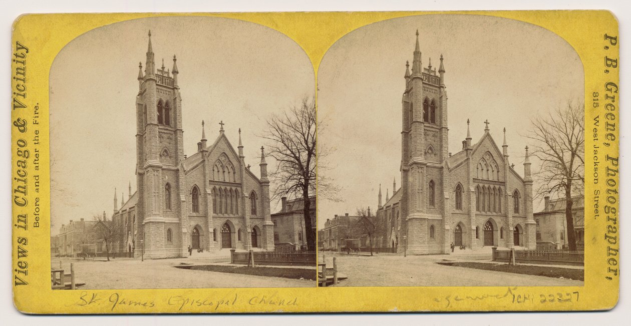 Stereograf biskupské církve svatého Jakuba před požárem v Chicagu v roce 1871, 1871 (černobílá fotografie na držáku karty) od P.B. Greene