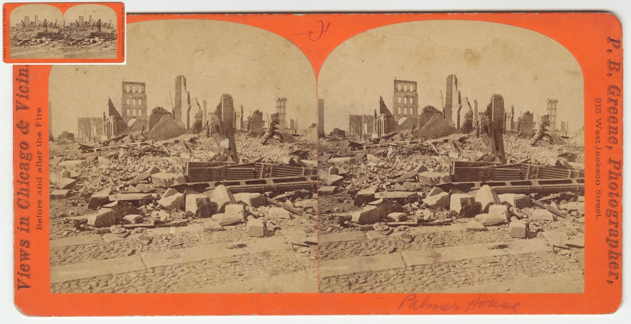 Stereograf Palmer House po požáru v Chicagu v roce 1871, 1871 (černobílá fotografie na držáku karty) od P.B. Greene