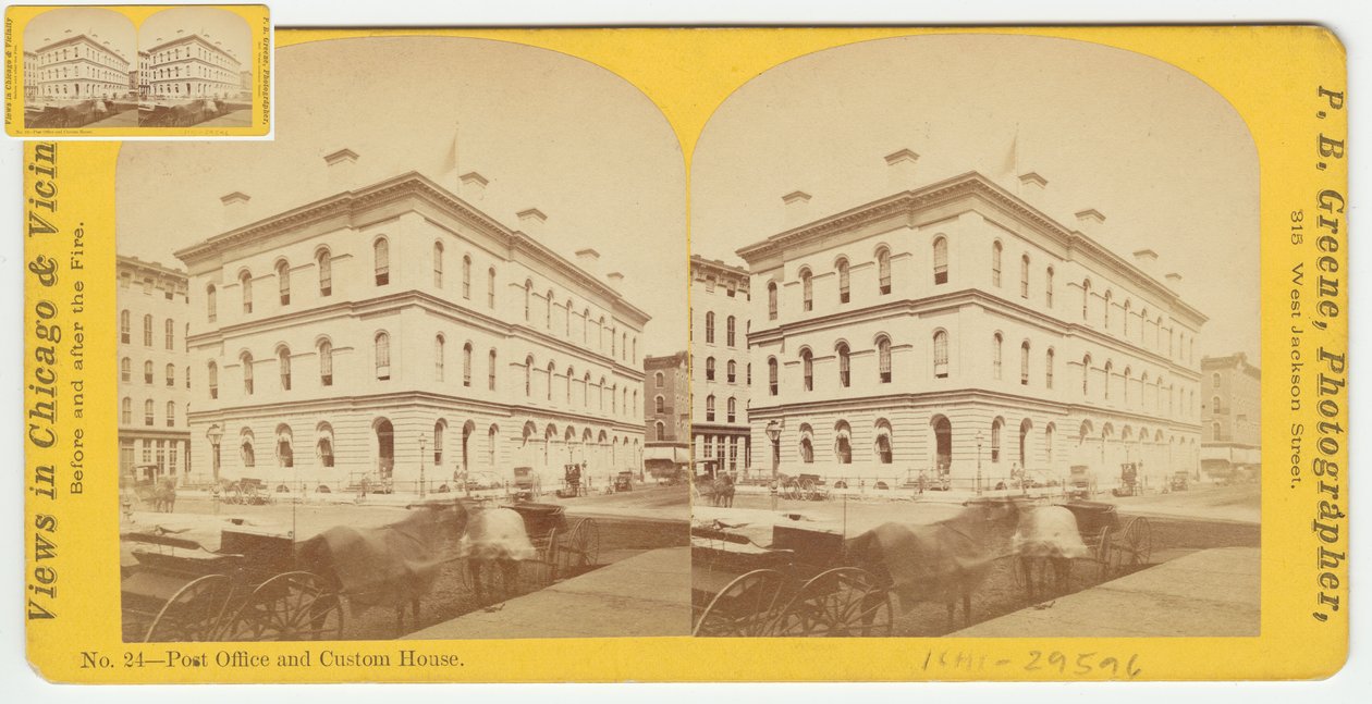 Stereograf pošty a celnice před požárem v Chicagu v roce 1871, 1871 (černobílá fotografie na držáku karty) od P.B. Greene