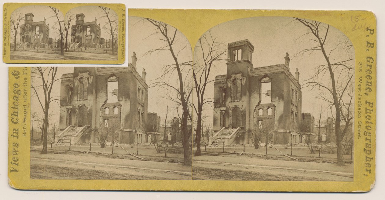 Stereograf Rumsey House po požáru v Chicagu v roce 1871, 1871 (černobílá fotografie na držáku karty) od P.B. Greene