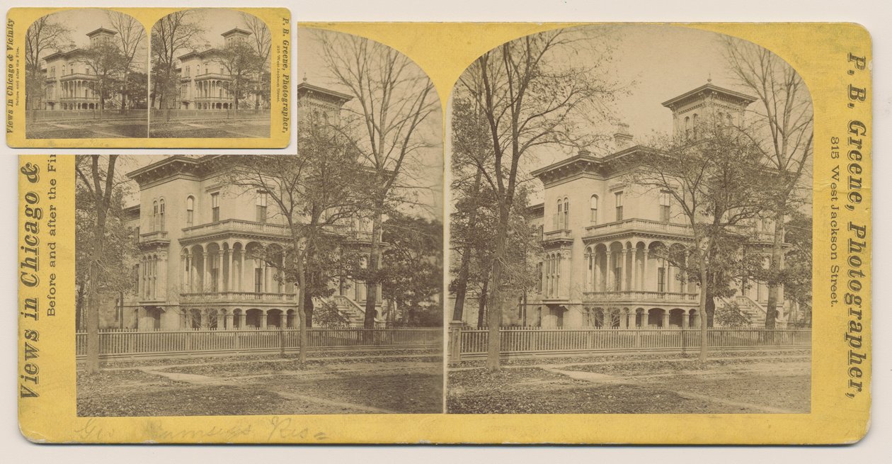 Stereograf Rumsey House před požárem v Chicagu v roce 1871, 1871 (černobílá fotografie na držáku karty) od P.B. Greene