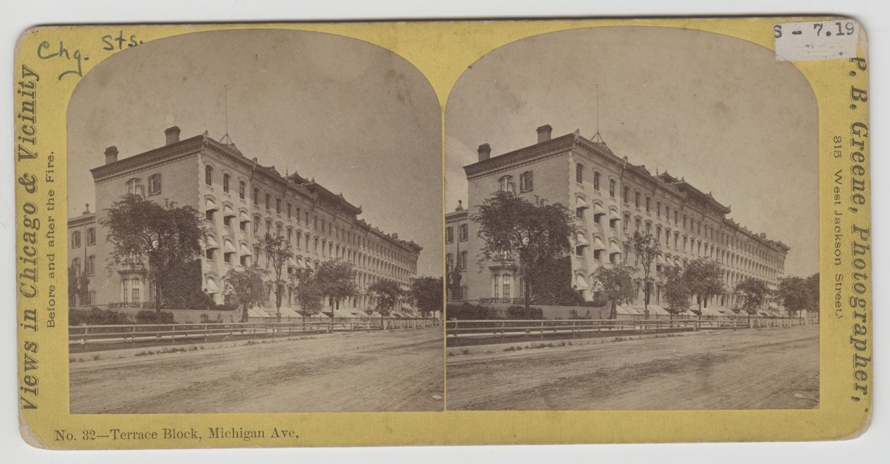 Stereografický pohled na Terrace Block na Michigan Avenue před požárem v Chicagu v roce 1871 od P.B. Greene