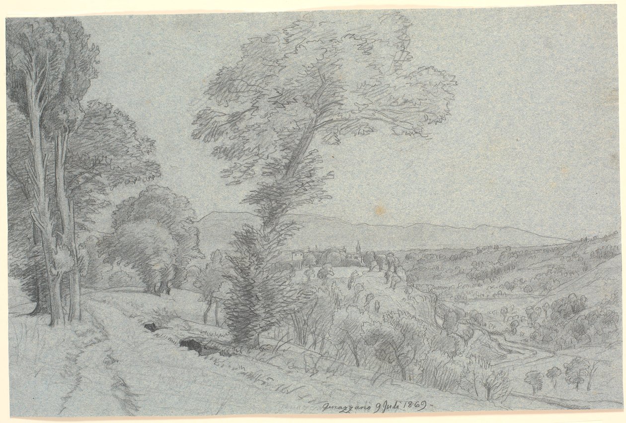 Italská horská krajina s výhledem na "Genazzano 9 Juli 1869.". od P.C. Skovgaard