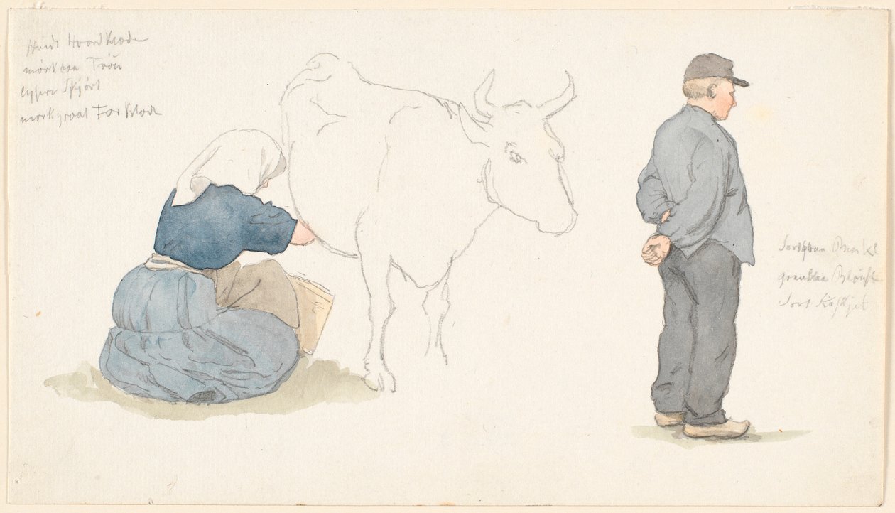 Studijní časopis s dívkou dojící krávu, t.h. stojící farmář. od P.C. Skovgaard